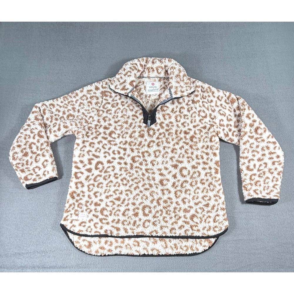 Simply Southern Leopard Sherpa Half Zip Fleece Pullover Jacket XL Animal Print